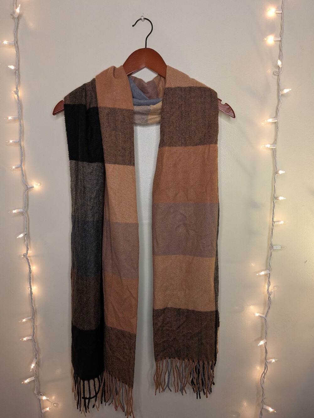 Alsojos Cozy Colorblock Fringe Scarf in Neutrals